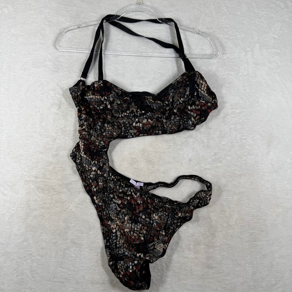 Savage X Fenty Womens 1X Metallic Floral Lace Cut Out Monokini Teddy Black Gold